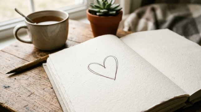 A cup of tea with a heart drawn on an open notebook, placed on a wooden table with a potted plant and a blanket in the background.