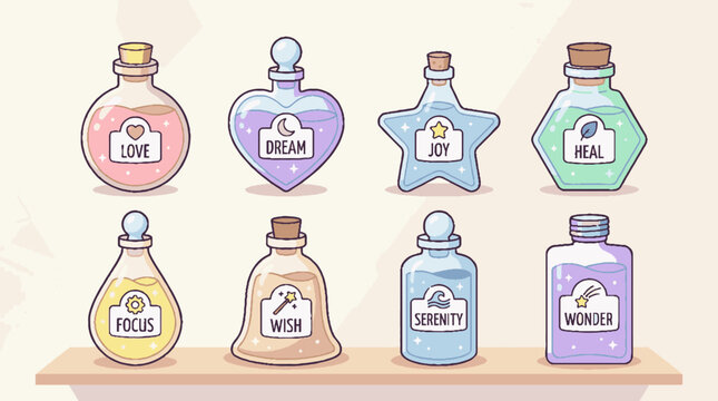 Hand drawn magic potion bottles with emotional labels on a wooden shelf illustration.