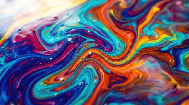 A colorful, abstract painting with swirling patterns of blue, red, and orange colors on a white background.
