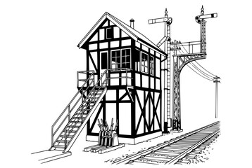 Obraz premium Vintage Railway Signal Box and Semaphore Line Art