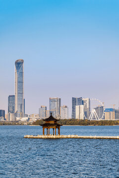 Skyline of Jinji Lake and Li Gong Causeway pavilion in Suzhou, Jiangsu Province, China