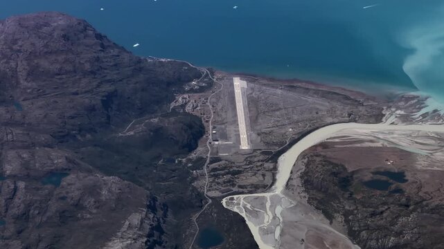 4k aerial video footage of landscape around Tunulliarfik Fjord and Narsarsuaq Airport (IATA: UAK, ICAO: BGBW) Greenland, located  in Kujalleq municipality in southern Greenland with mountain around