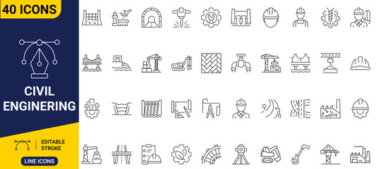 Civil engineering icon set. Outline icons featuring construction, infrastructure, engineering, architecture, surveying, building, and project planning. Editable stroke. Full vector. © Tanjung Mulia