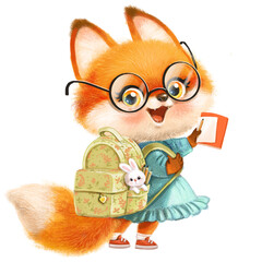 Fototapeta premium Cute cartoon fluffy red fox in dress with backpack go to school isolated on a white background