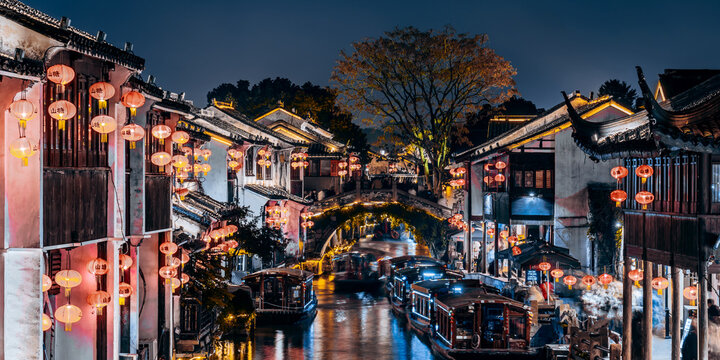 Night view of Shantang Street Historical and Cultural District in Suzhou, Jiangsu Province, China