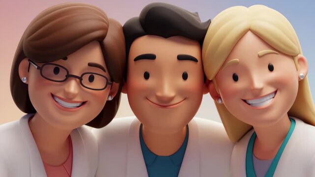 Three smiling healthcare professionals in lab coats lean in from separate headshots to a close group portrait warm 3d illustration showing teamwork, friendliness and trust.