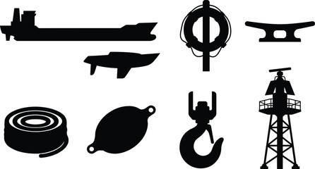Vector silhouette icons of maritime equipment including cargo ships, buoys, ropes, cranes, and port infrastructure © MDMAHMUDUL