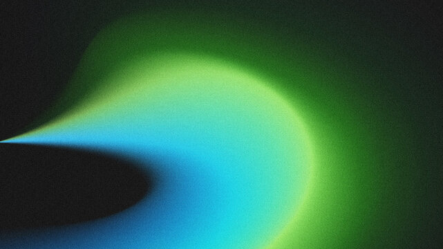 Smooth curved gradient abstract backdrop featuring cyan blue and lime green glowing swirl with vintage grain noise texture on solid black dark background.