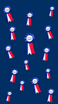USA election 8K vertical background 9:16 for mobile wallpapers, seamless pattern featuring patriotic "I Voted" button badges inside tricolor pleated satin ribbon medals on navy blue backdrop
