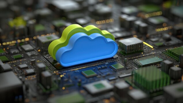 Cloud computing infrastructure a digital network with green and blue cloud symbol