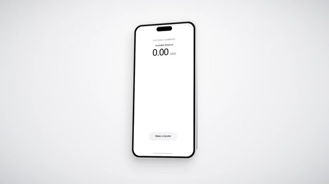 Smartphone with banking app interface showing zero balance isolated on white background