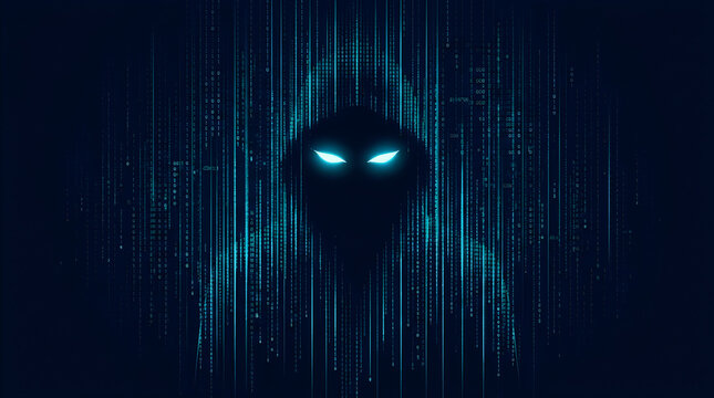 Hacker in hoodie working on laptop. Cyber criminal coding with digital rain background.