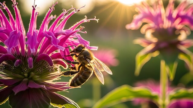 Honey bee collecting pollen from a purple monarda blossom at sunset