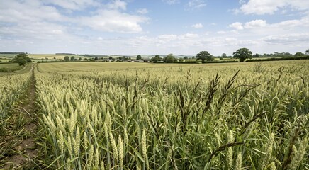 Obraz premium Wheat and weeds growing together in a large agricultural field. Rural landscape with dirt path under a bright cloudy sky. Biblical parable concept