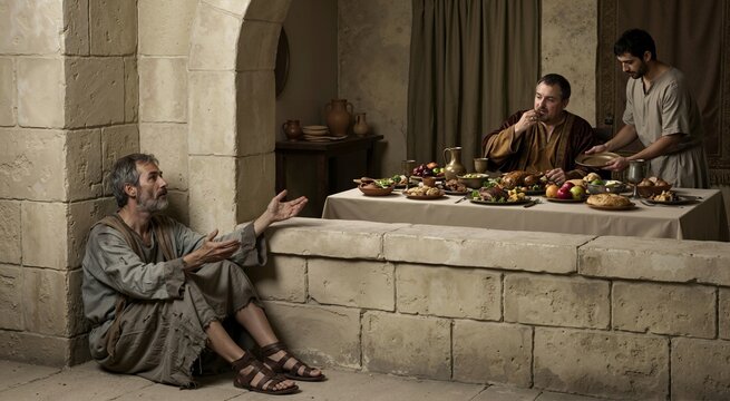 Poor man in tattered clothes begging outside while a wealthy man feasts at a table. Biblical parable of the rich man and Lazarus. Ancient stone architecture setting
