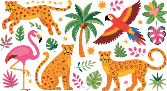 Tropical jungle animal vector set with leopards flamingo macaw palm tree and colorful exotic monstera leaves