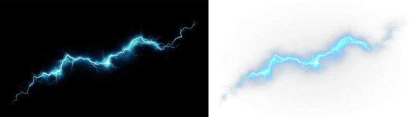Bright blue lightning bolt on transparent background showing energy and movement in the dark sky © Liubov