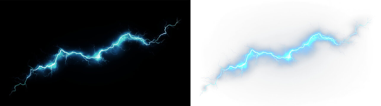Bright blue lightning bolt on transparent background showing energy and movement in the dark sky