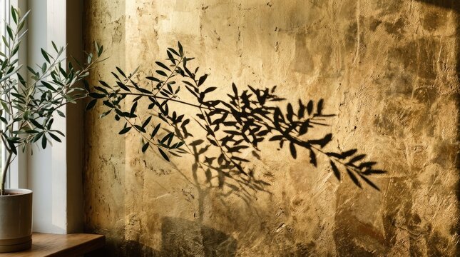 A shadow of an olive branch on a textured, gold-colored wall, with a potted plant in the foreground and a window in the background.