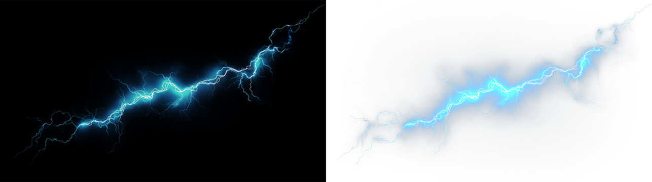 Lightning bolt with bright blue color on a transparent background