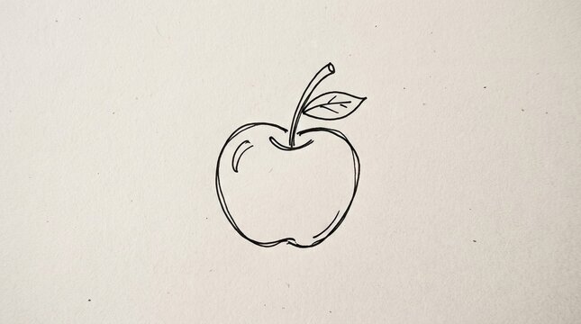 A simple black and white drawing of an apple with a leaf on a plain background.