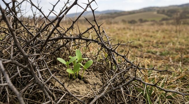 Young green sprouts growing among sharp thorn bushes in dry dirt. Biblical parable of the sower and seeds concept