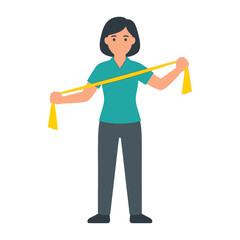 Fototapeta premium Woman Doing Physical Therapy Exercises With A Yellow Resistance Band For Stretching And Muscle Strengthening