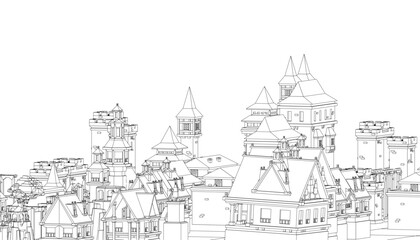 Naklejka premium Black and white contour drawing of medieval city buildings on white background