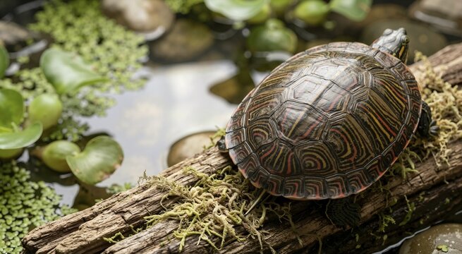 Painted turtle with a striped pattern on its carapace resting on a log. Aquatic reptile pet in a pond habitat with green plants