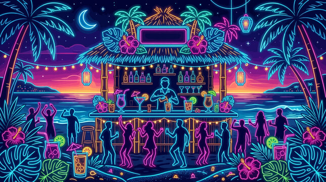 Experience the electrifying energy of a tropical beach party at sunset, where neon lights illuminate dancing figures, a lively tiki bar, and refreshing cocktails under a crescent moon.