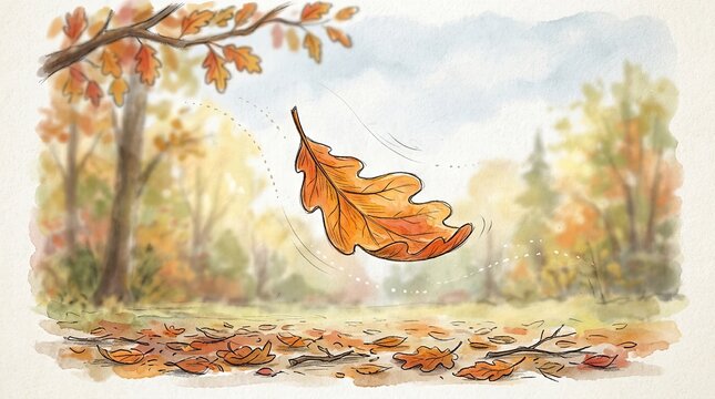 A single orange leaf floating in the air, surrounded by fallen leaves on the ground, with a background of autumn trees and a blue sky.