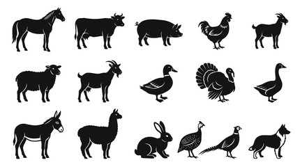 Fototapeta premium Farm Animals Set Black Silhouette Icons. Agriculture Livestock and Domestic Pets Glyph Collection.