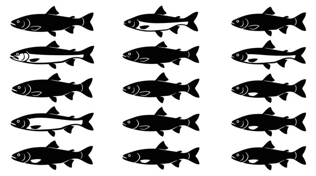 Fishing and Seafood Industry Black and White Salmon Trout Fish Silhouettes Glyphs Vector Icon Set