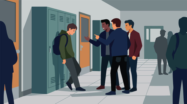 High school bullying and harassment in hallway vector. Sad student bullied by classmate group near lockers. Flat design school violence and intimidation concept.
