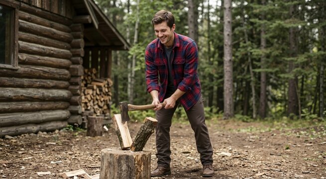 Smiling man in plaid flannel shirt chopping wood with an axe. Active lumberjack splitting logs on a stump outside a rustic forest cabin. Outdoor autumn lifestyle