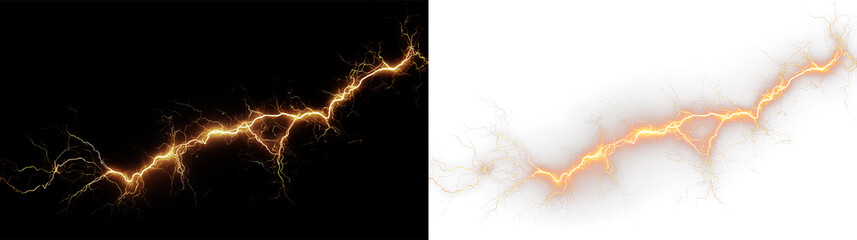 Lightning bolt with bright orange color on transparent background creating a striking visual effect for various designs © Liubov