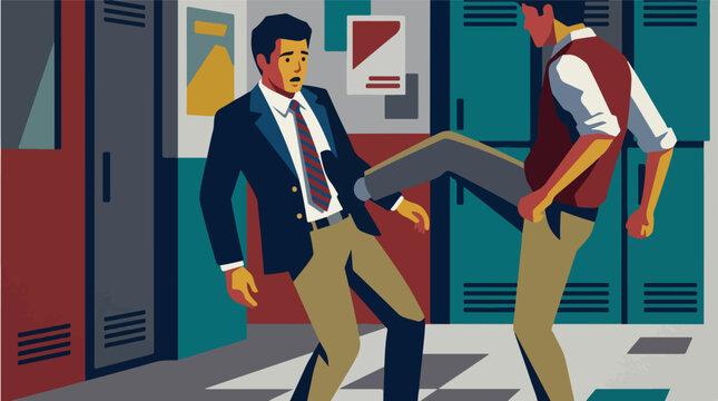 Physical school bullying and student fighting in hallway vector. Scared schoolboy kicked by classmate near lockers illustration. Flat design student violence concept.