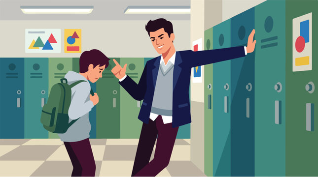 Arrogant popular student mocking classmate in school corridor vector. Bully teasing sad boy near lockers illustration. Flat design high school intimidation concept.