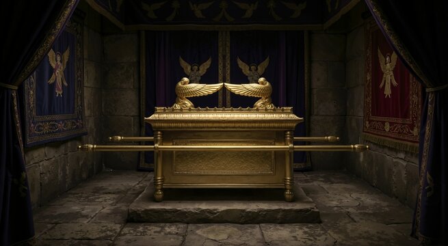 Golden Ark of the Covenant in a dimly lit stone room. Sacred biblical artifact with winged cherubim and carrying poles surrounded by purple curtains