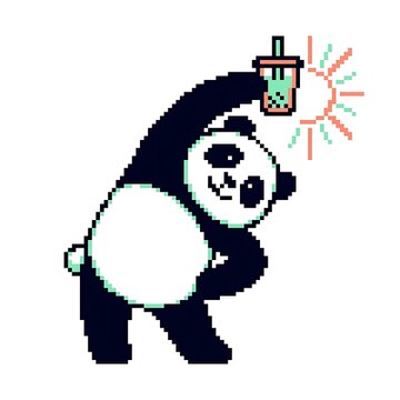 Cute Pixel Art Panda Balancing a Refreshing Bubble Tea Drink with a Zen and Happy Expression