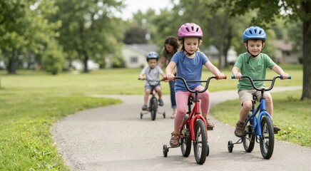 Fototapeta premium Children learning to ride bicycles with training wheels in a park. Kids wearing helmets riding bikes on a paved path. Outdoor family recreation