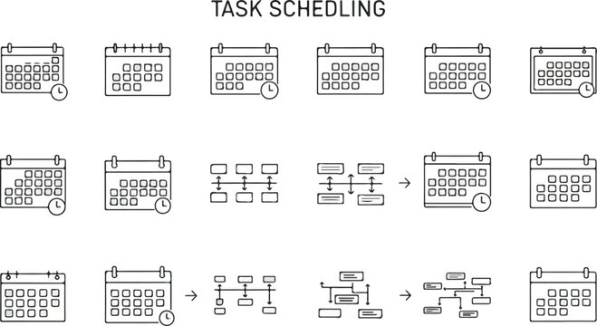 Task Scheduling Line Icons Showing Task Calendar and Event Planning