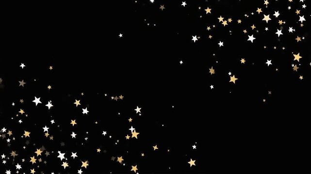合成用のパーティクル素材にも使える漆黒の背景動画で金色と白色の星々がぽつぽつと画面の隅に浮かび上がる高コントラストでシンプルな夜空の情景を映像編集の下地として丁寧に捉えた特別な一本