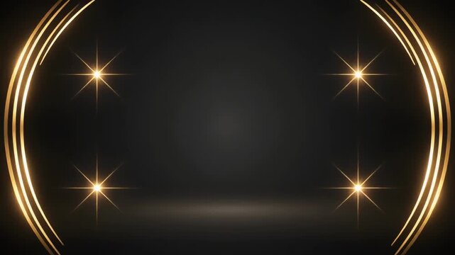 舞台演出のような黒背景動画に金色の曲線がすっと弧を描きながら左右対称に伸び中央のスポットライトが差し込むステージ空間の情景を高精細な質感で丁寧に捉えた特別な一本