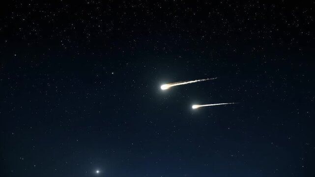 天体観測さながらに本物の夜空を撮影した映像で満天の星々の中を二つの流れ星がすっと尾を引きながら斜めに駆け抜けていく静かな天文の情景を長時間露光の質感で丁寧に捉えた特別な一本