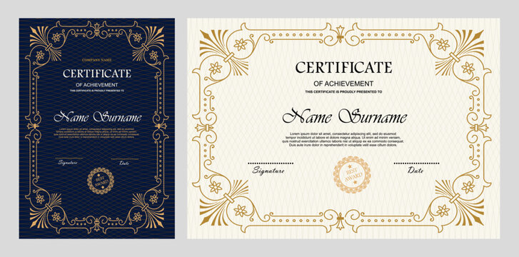 Vintage certificate of achievement template with horizontal, vertical layouts. Multipurpose retro design with ornate ornaments. Vector illustration for diploma, graduation, professional recognition