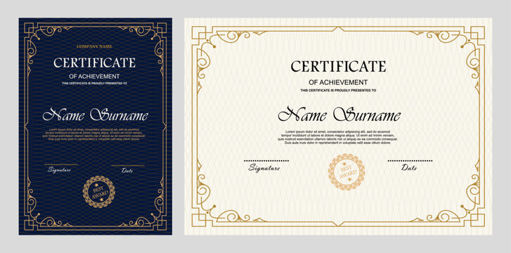 Vintage certificate of achievement template with horizontal, vertical layouts. Multipurpose retro design with ornate ornaments. Vector illustration for diploma, graduation, professional recognition