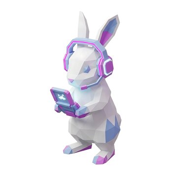 Cute Low Poly 3D White Rabbit Gamer Wearing Purple Headphones and Holding a Handheld Gaming Console