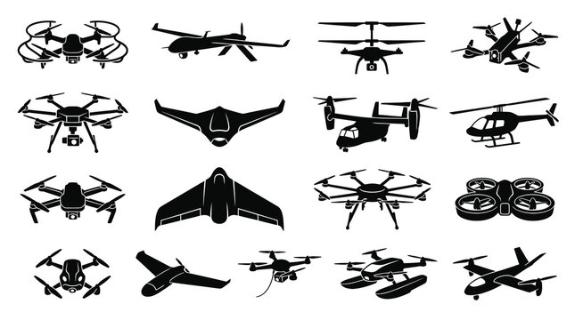 Drones and Unmanned Aerial Vehicles Glyph Icons Set for Modern Technology and Aviation