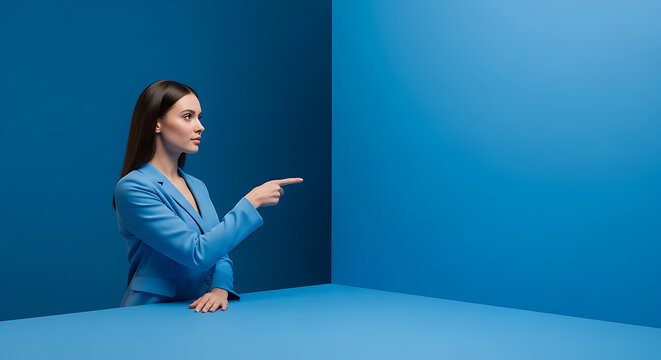 Woman in Blue Blazer Pointing to the Right Against a Blue Background